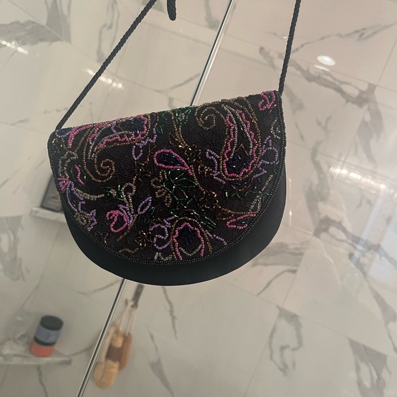 Vintage nicer 🧡quality gala evening bag black satin with jewel tone beading🖤💚 - Picture 9 of 16